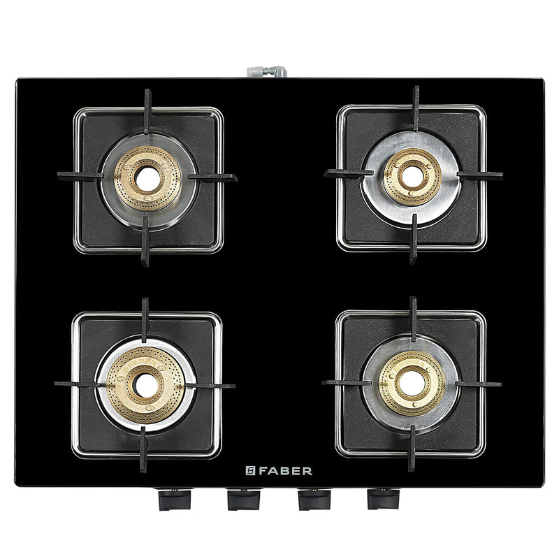 Faber Glass Top 4 Burner Gas Stove (Hob Cooktop Pearl 4BB BK) with Jumbo Burner, Diamond Coated Pan Support, Manual Igni