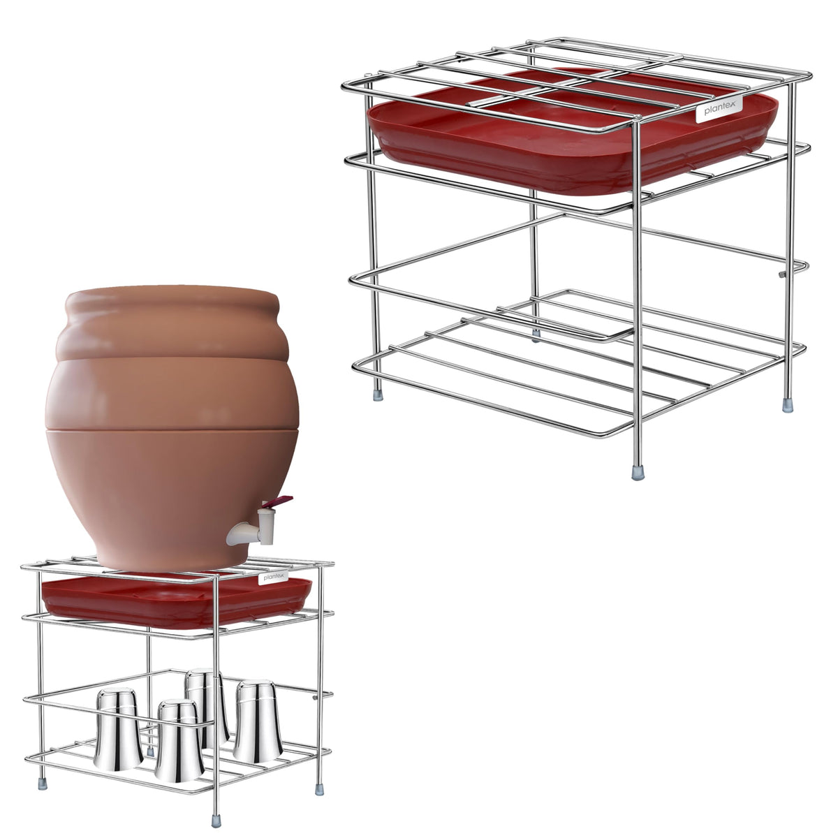 Plantex Matka Stand for Water Pot/Stainless Steel Matki/Jar/Ghada Stand for Kitchen/Square Water Pot with Tray - (1186, Chrome)