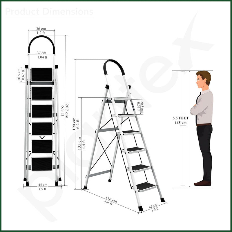 Plantex Ladder for Home 6 Steps/Foldable Ladder with Anti-Skid Wide Steps (30L x 20W cm)/Strong D-Shape Pipe with X-Support for More Stability/5 Year Warranty(Apex-White)