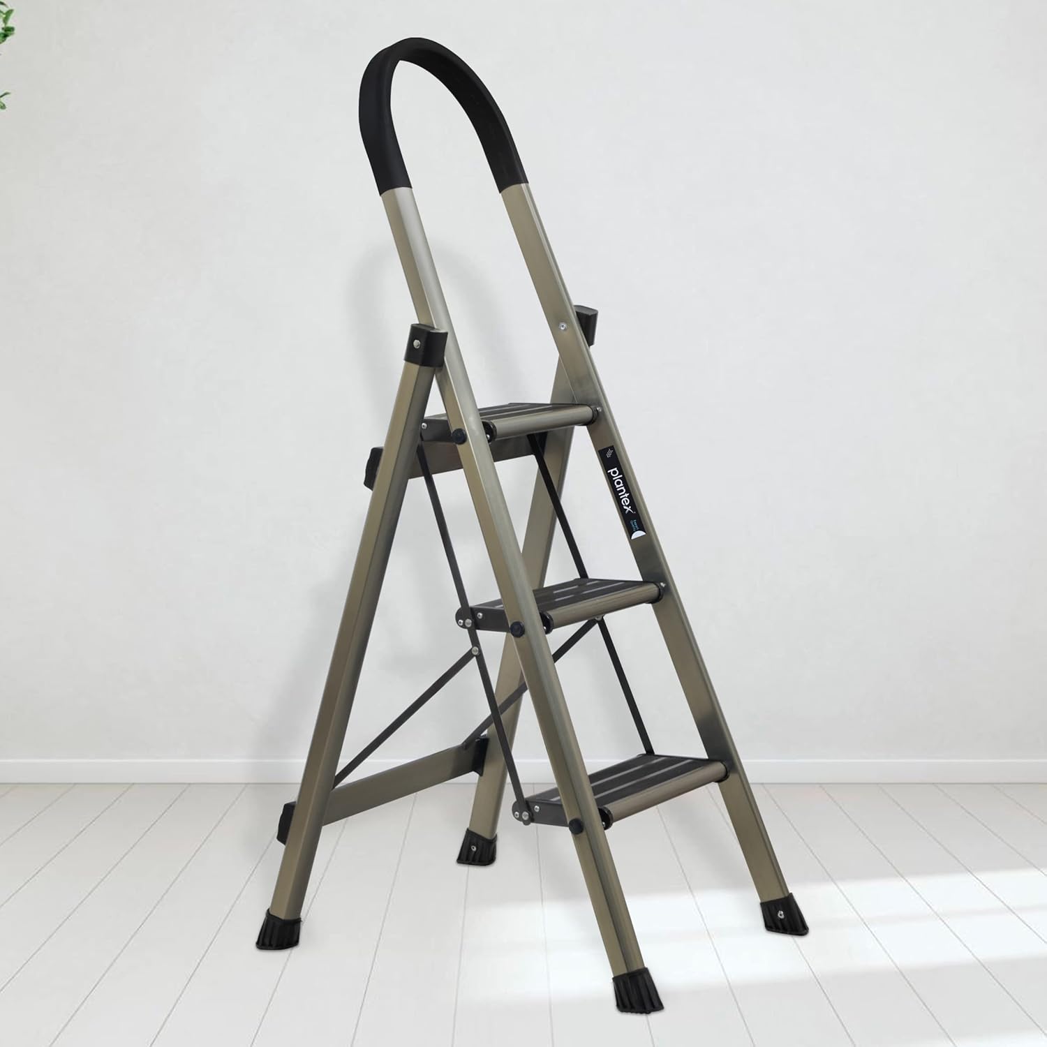 Plantex Guardex 3 Step Foldable Aluminum Ladder for Home/Anti-Slip Shoes and Edge Guards/5 Year Manufacturer Warranty Ladder for Home (Anodized Coated-Gold)