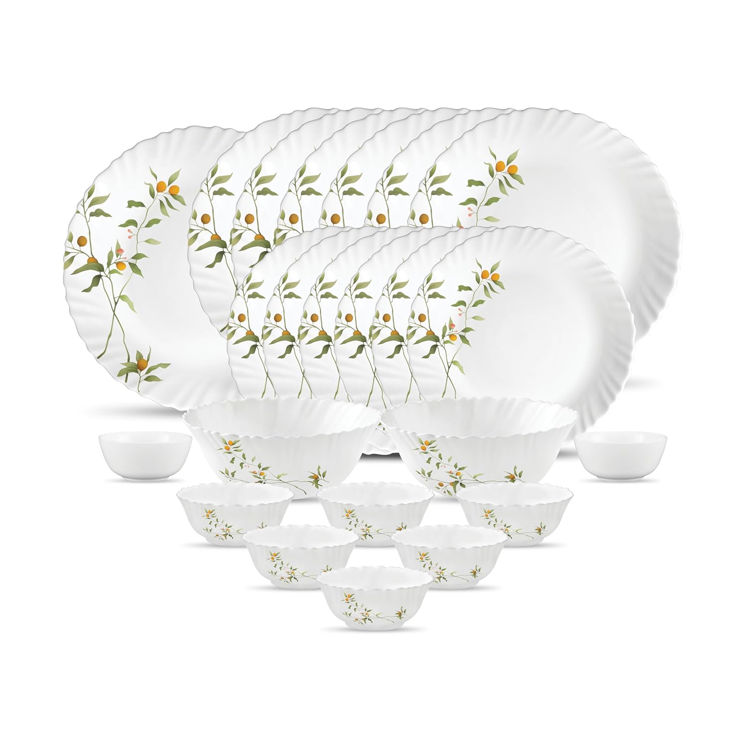 La Opala Novo Collection Opal Glass Crockery | for Family of 6 | Dinner Set 23 pcs Vivid Greens | Plates & Bowls for Dining | Microwave Safe | 100% Vegetarian | Extra Strong | Light & White