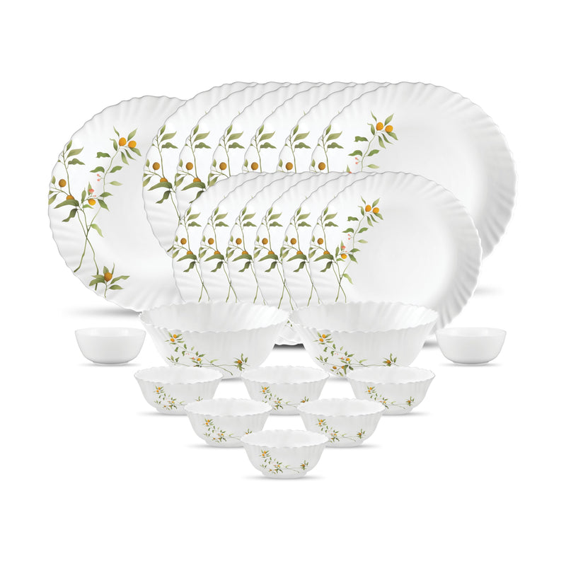 La Opala Novo Collection Opal Glass Crockery | for Family of 6 | Dinner Set 23 pcs Vivid Greens | Plates & Bowls for Dining | Microwave Safe | 100% Vegetarian | Extra Strong | Light & White