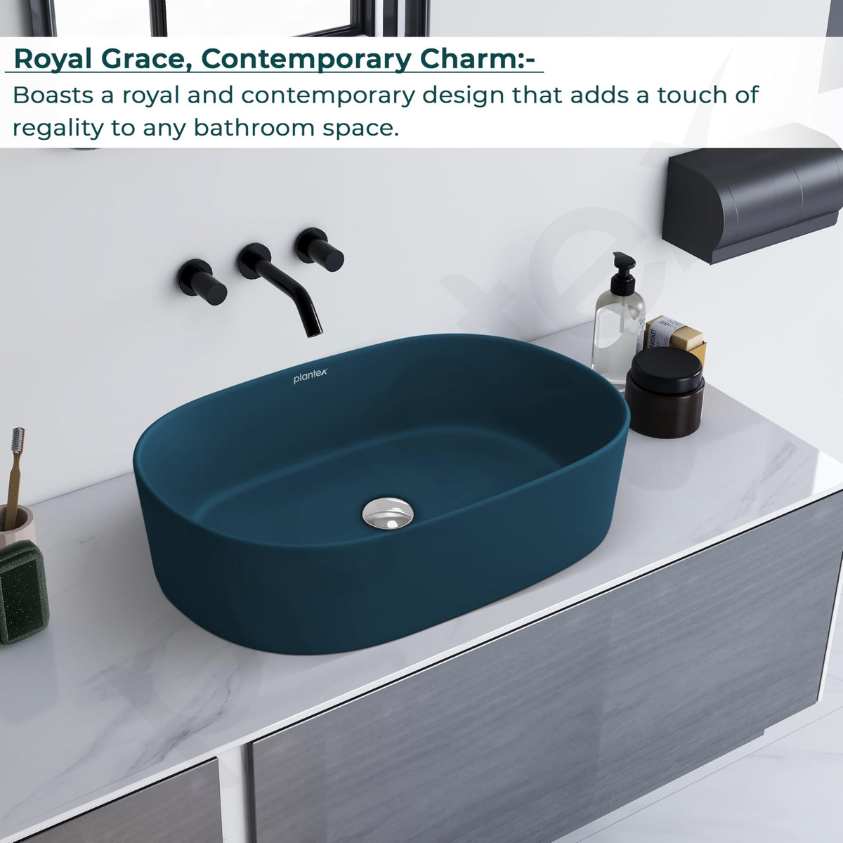 Plantex Ceramic Wash Basin for Bathroom/Oval Counter Top Basin/Tabletop Wash Basin for Home/Office(Pine Blue - 22x14x6 inch)-4