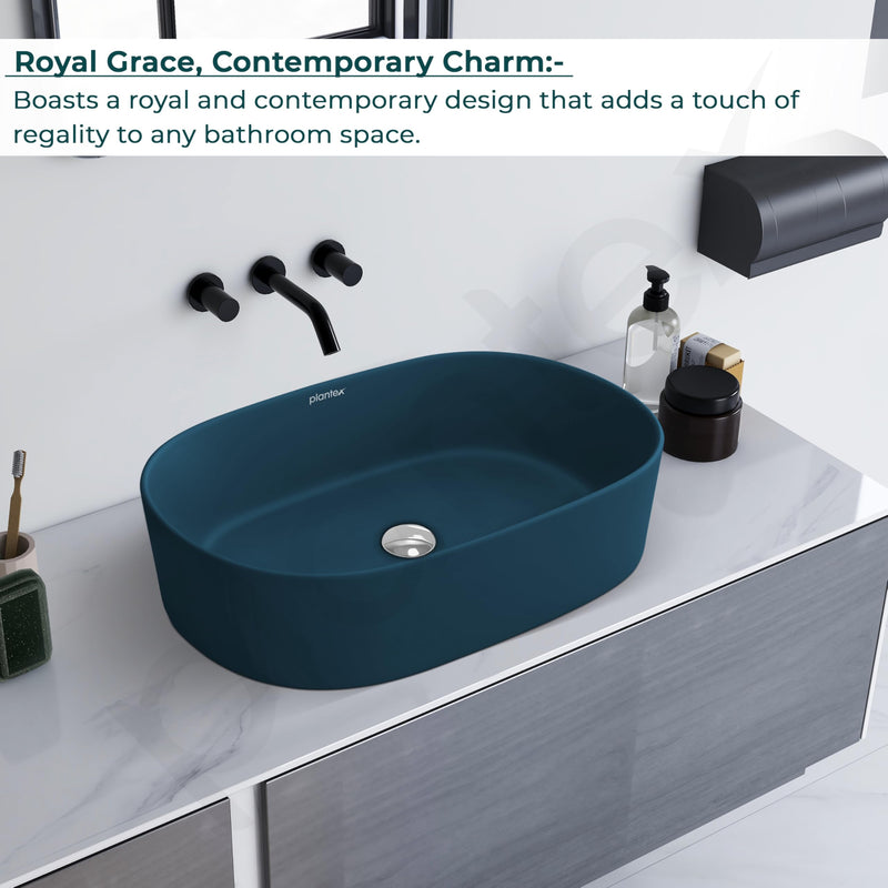 Plantex Ceramic Wash Basin for Bathroom/Oval Counter Top Basin/Tabletop Wash Basin for Home/Office(Pine Blue - 22x14x6 inch)-4