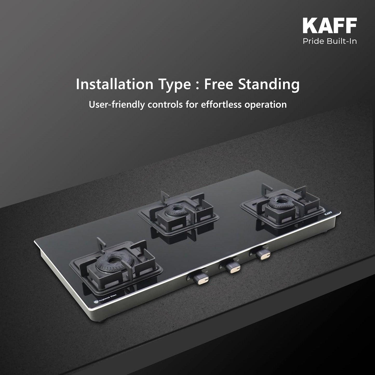 KAFF Gas Stove/Cooktop 3 Burners 77 CM, Black Coated Brass Burners With Auto Electric Ignition, Decorative SS Moulded Strip on All Sides for Edge Protection Black | CTQ773BAI