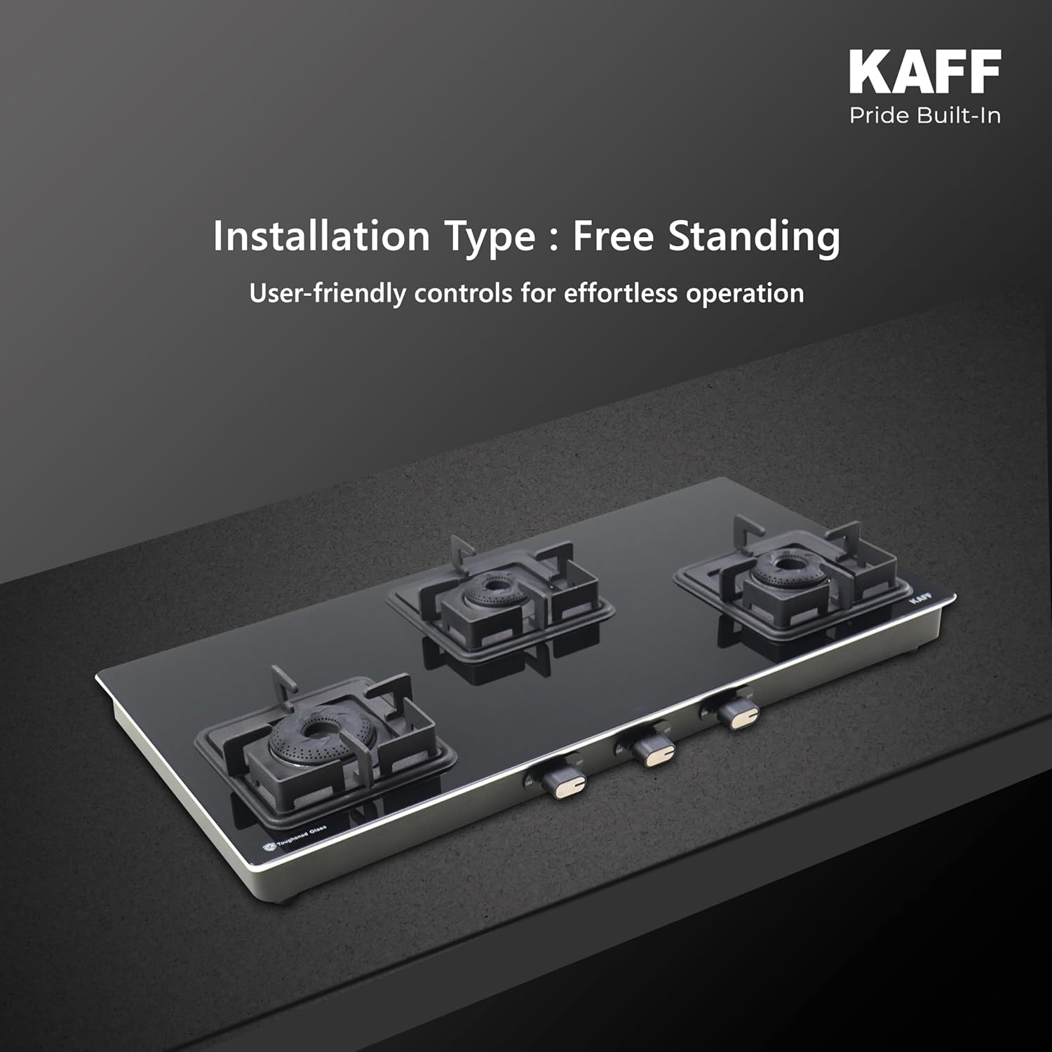 KAFF Gas Stove/Cooktop 3 Burners 77 CM, Black Coated Brass Burners With Auto Electric Ignition, Decorative SS Moulded Strip on All Sides for Edge Protection Black | CTQ773BAI