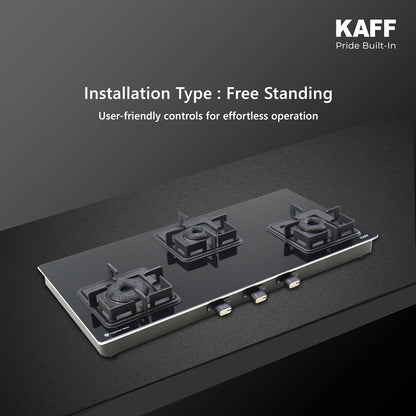 KAFF Gas Stove/Cooktop 3 Burners 77 CM, Black Coated Brass Burners With Auto Electric Ignition, Decorative SS Moulded Strip on All Sides for Edge Protection Black | CTQ773BAI