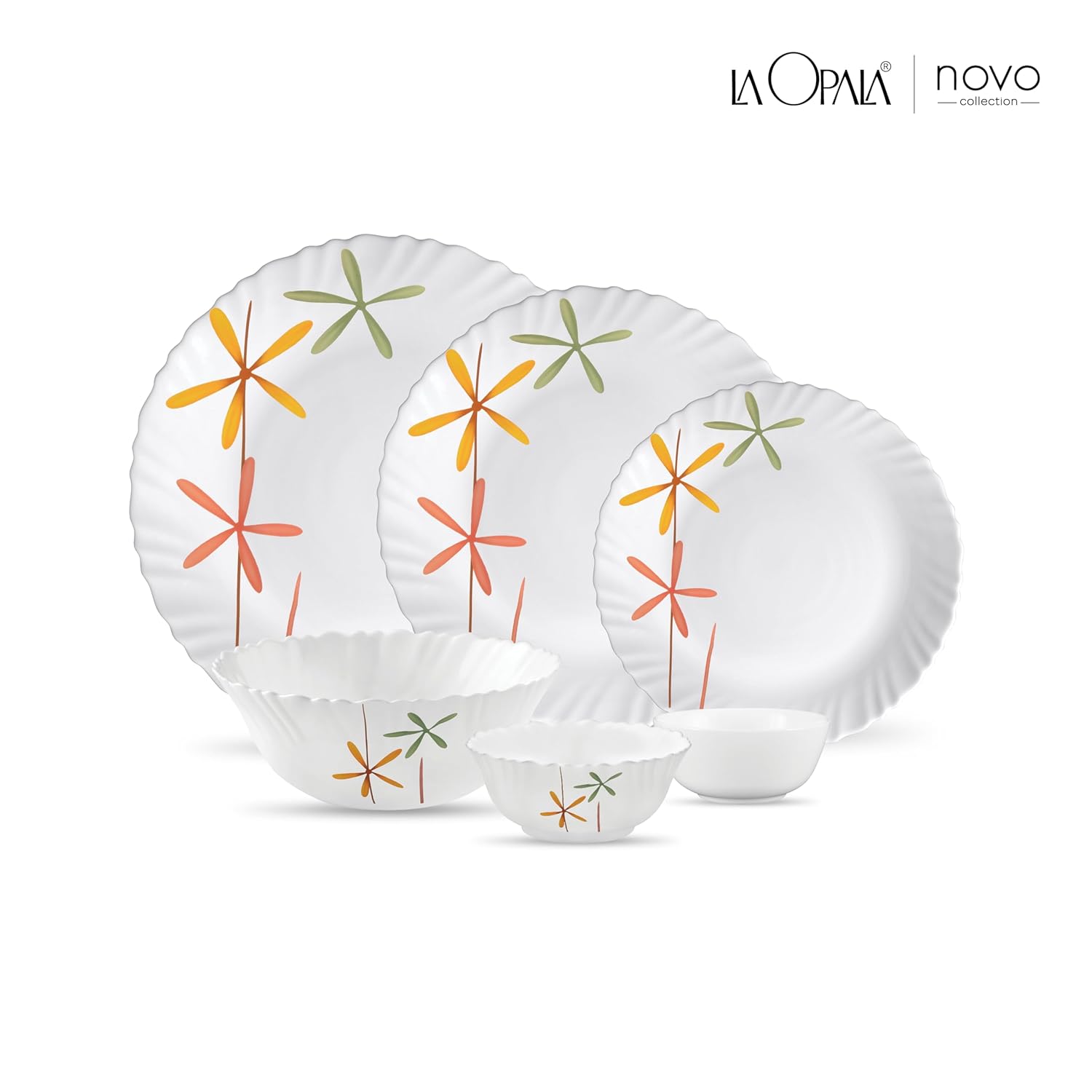 La Opala Novo Collection Opal Glass Crockery | for Family of 6 | Dinner Set 23 pcs Autumn Flower | Plates & Bowls for Dining | Microwave Safe | 100% Vegetarian | Extra Strong | Light & White