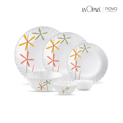 La Opala Novo Collection Opal Glass Crockery | for Family of 6 | Dinner Set 23 pcs Autumn Flower | Plates & Bowls for Dining | Microwave Safe | 100% Vegetarian | Extra Strong | Light & White
