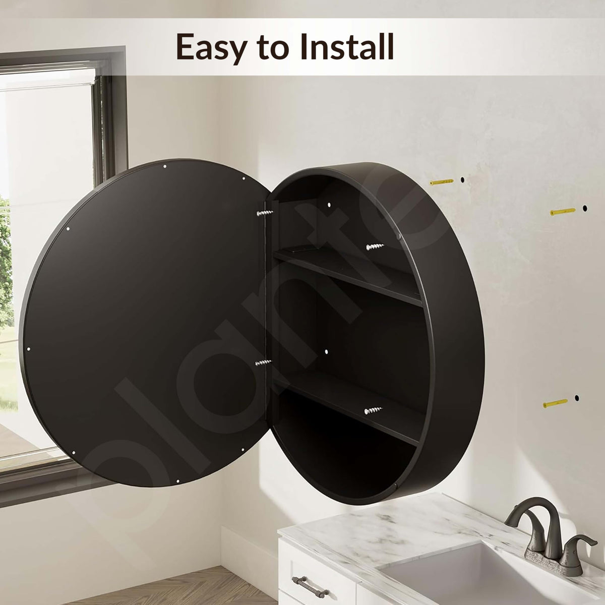 Plantex Bathroom Cabinet with Mirror/Aluminium Framed Bathroom Cabinet Storage/Round Mirror Cabinet for Bathroom Wall/Bathroom Organiser Cabinet (20x20 Inch, Black)-6