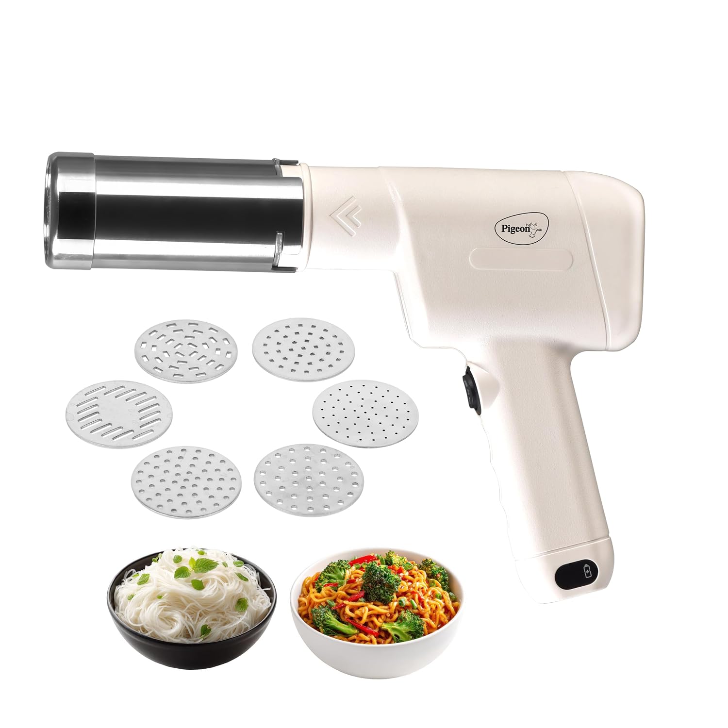 Pigeon Instamami Automatic Noodle Maker with 6 Moulds | Cordless Type-C Idiyappam & Pasta Maker | Portable Handheld Noodle Press | Cream
