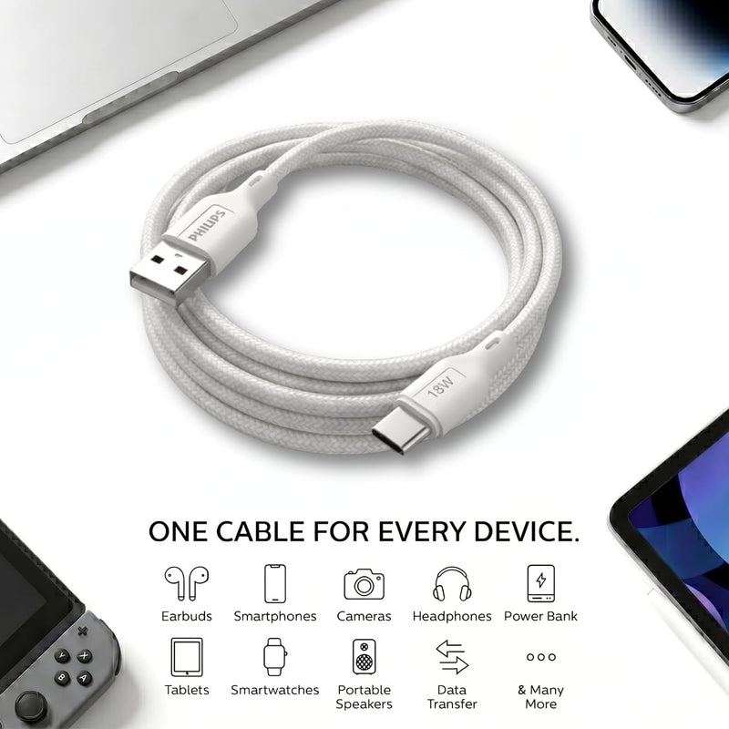 Philips DLC4160AW/94 18W Type-A to Type-C Fast Charging Cable (2m, Bright White)