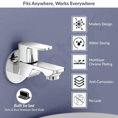 Plantex Single Lever Water Tap for Bathroom with Water-Saving Aerator/Wall Mount Bib Cock with Wall Flange and Teflon Tape/Brass Spindle Bib Tap for Home (Saga-1291-Chrome)-3
