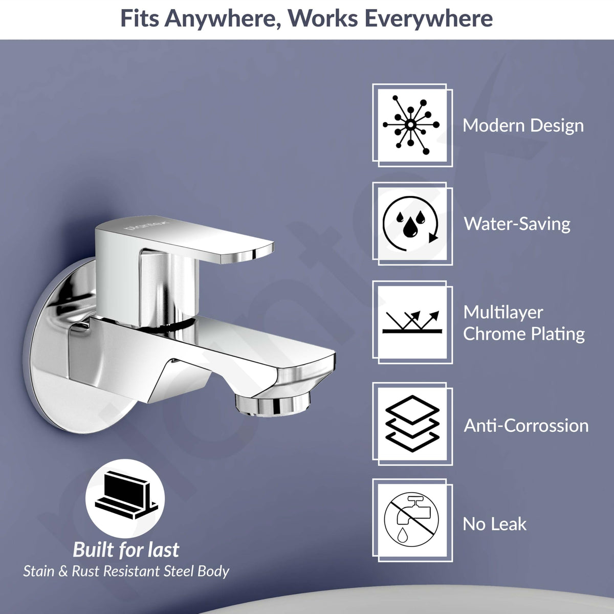 Plantex Single Lever Water Tap for Bathroom with Water-Saving Aerator/Wall Mount Bib Cock with Wall Flange and Teflon Tape/Brass Spindle Bib Tap for Home (Saga-1291-Chrome)-3