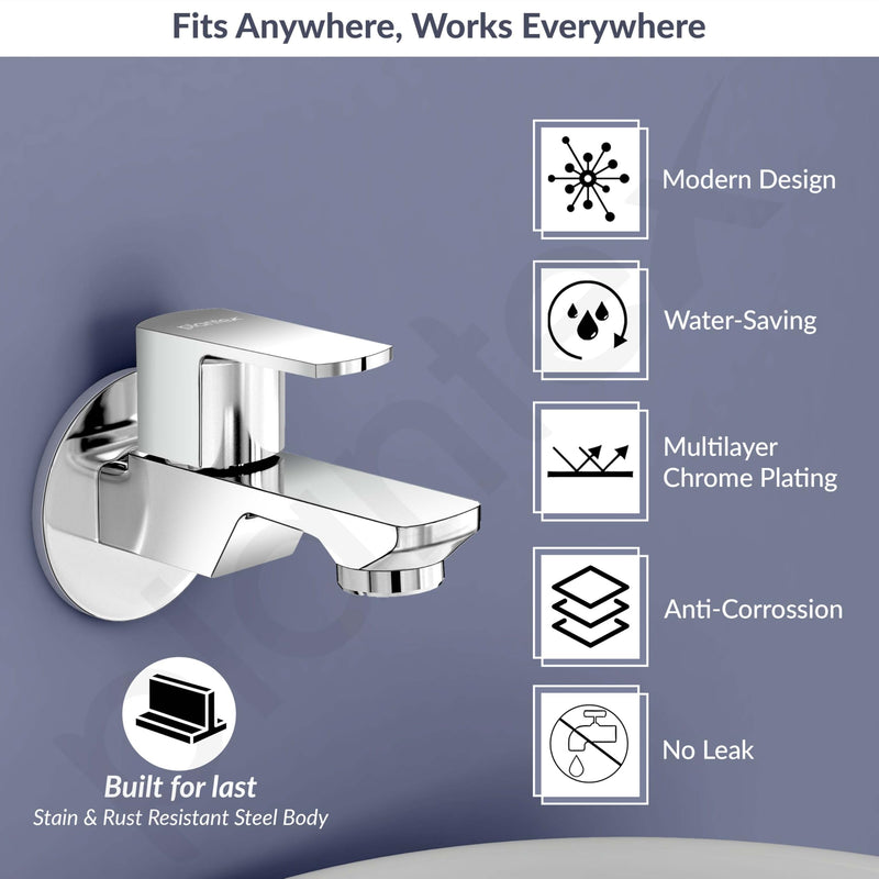 Plantex Single Lever Water Tap for Bathroom with Water-Saving Aerator/Wall Mount Bib Cock with Wall Flange and Teflon Tape/Brass Spindle Bib Tap for Home (Saga-1291-Chrome)-3