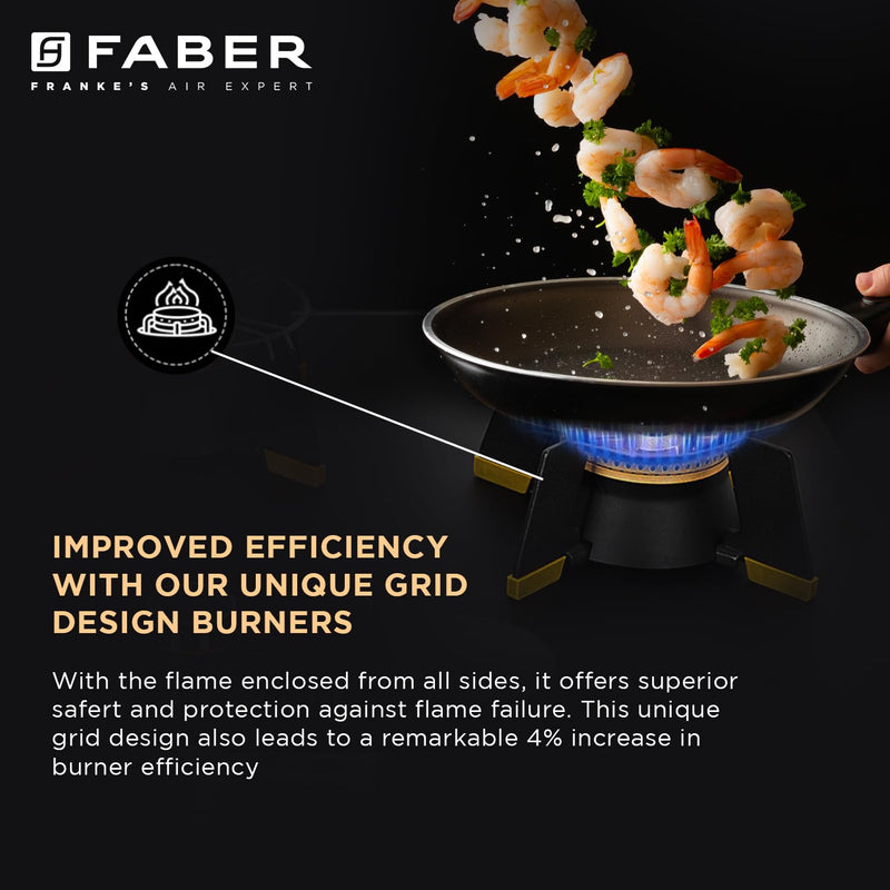 Faber Liftable Burners Hob - 90cm Black Glass| Auto Ignition| FFD| Cast Iron Pan Support| Premium Knobs| 2Yr Comprehensi