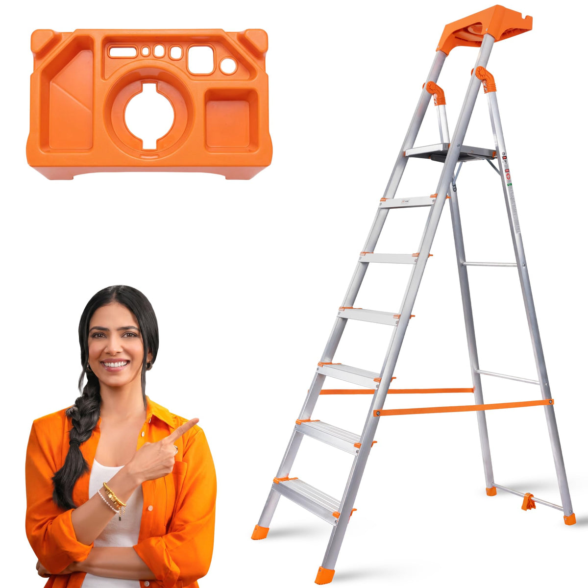 PROHOME Aluminium Ladder for Home 5 Steps Foldable with Railing & Anti-Skid Wide Steps | 5 Step Ladder for Home Use, Kitchen & Household | 250 Kg Capacity Folding Ladder | 5 Year Warranty (Orange)