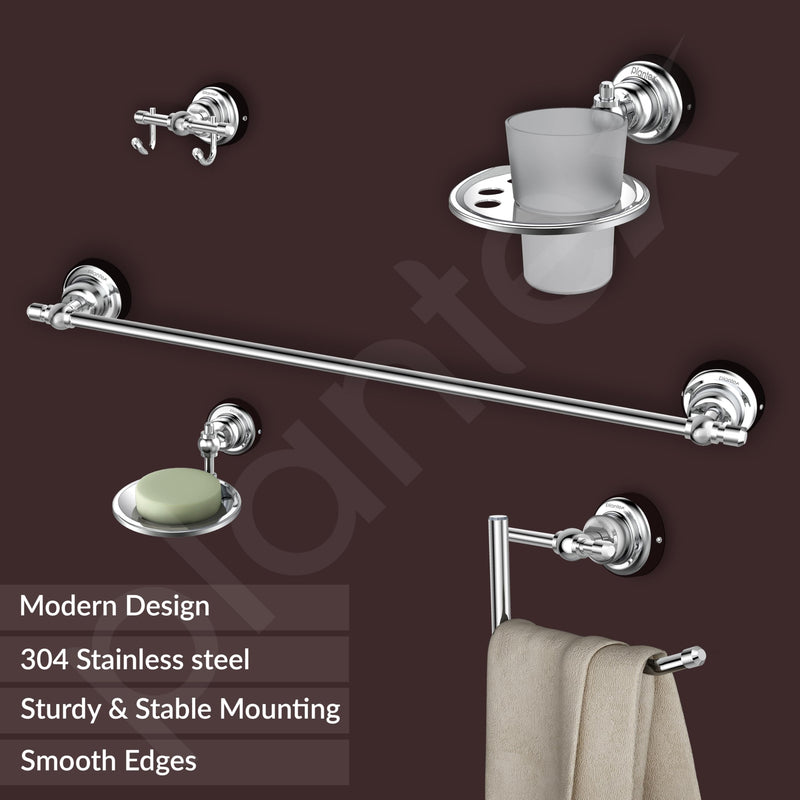 Plantex 304 Grade Stainless Steel Bathroom Accessories Set of 5 - Towel Rod/Hand Napkin Hanger for Wash Basin/Soap Case/Toothbrush Holder/Robe Hook - Skyllo (Chrome)-2