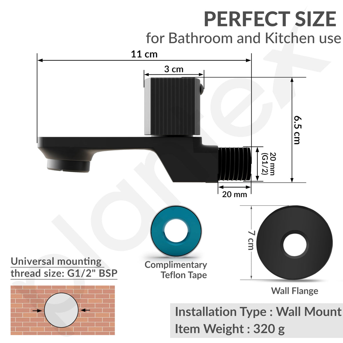 Plantex Single Knob Water Tap for Bathroom with Water-Saving Aerator/Wall Mount Bib Cock with Wall Flange and Teflon Tape/Brass Spindle Bib Tap for Home (Black)-4