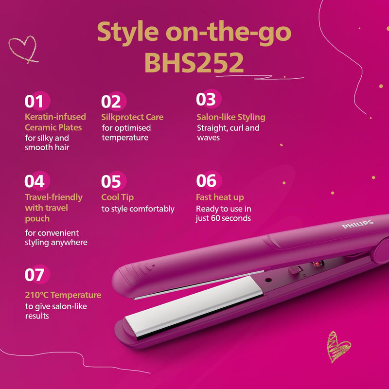 Philips Hair Straightener, Long-Lasting Salon like Results, Frizz Control,Shine (BHS252/00)