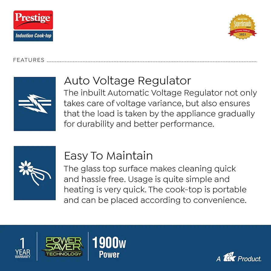 Prestige PIC 19.0 Plus 1900W Slim Induction Cooktop with Push button 