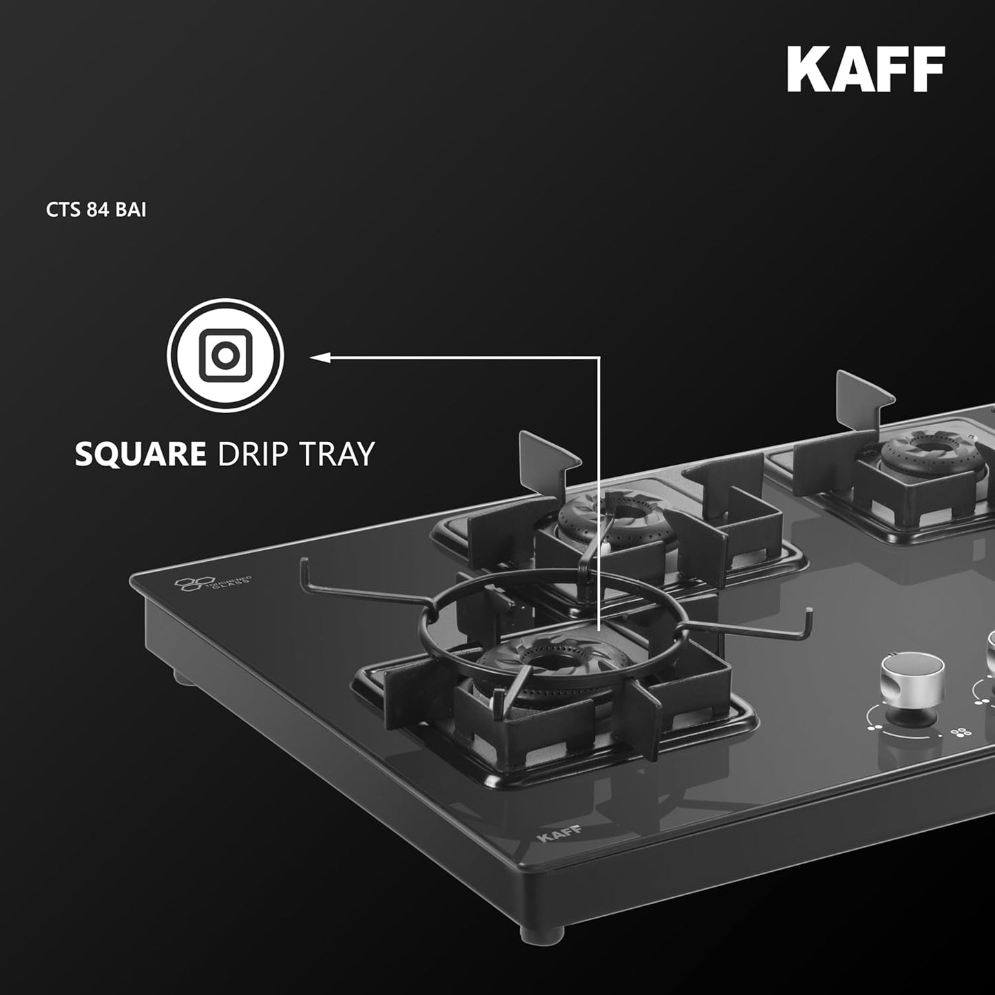 KAFF CTS 84 4B AI Gas Stove/Cooktop 4 Burners with Auto Electric Ignition 84 CM, Black Coated Brass Burners, Slim Line Design, Enamelled Pan Support with Integrated Flame Protector (Black)