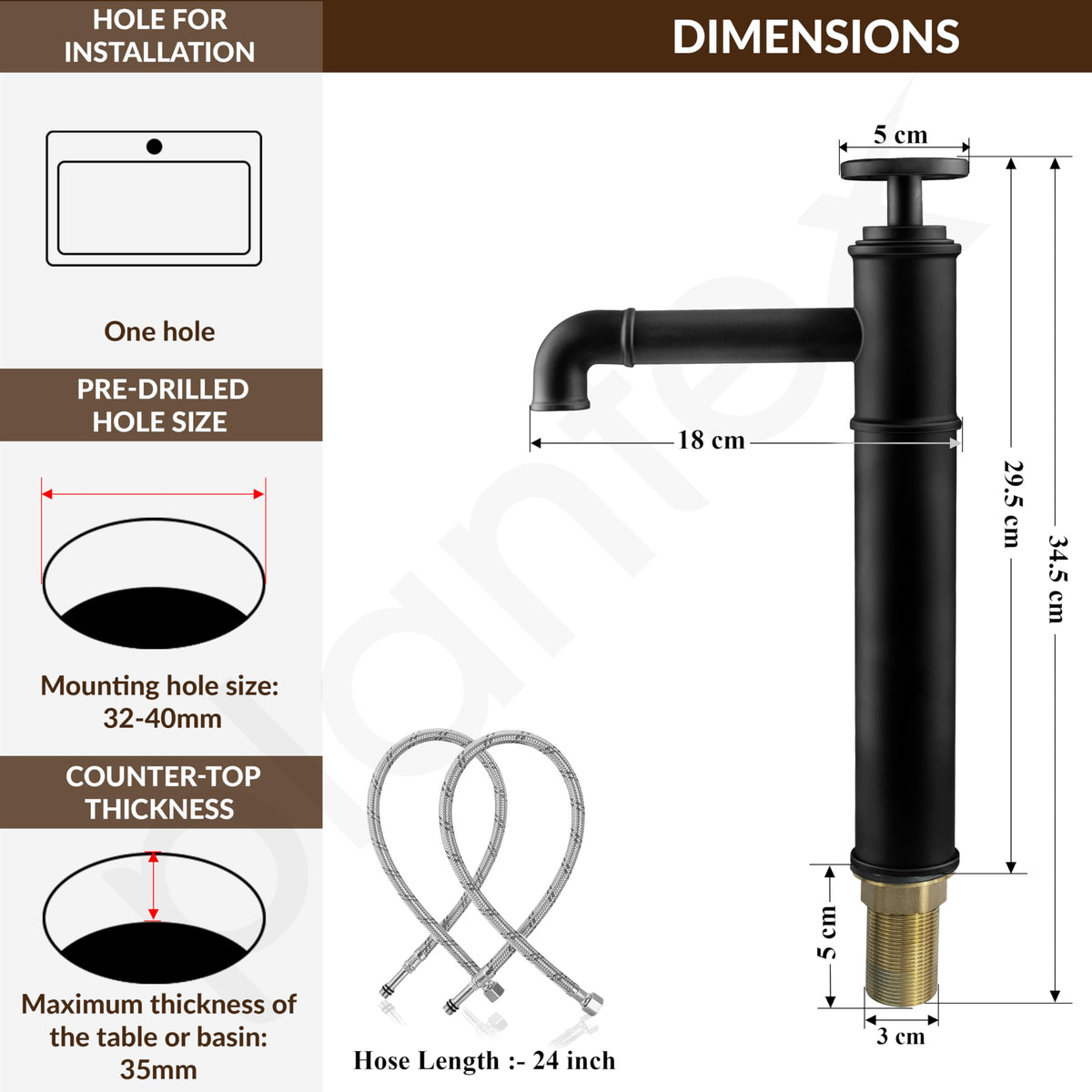 Plantex Brass Basin Mixer Tap Hot and Cold/Single Lever Tap for Wash Basin-(Matt Black Finish)-3