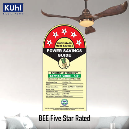KUHL Glanz F3 1320mm Stylish Power Saving BLDC Ceiling Fan With Remote | Down Light | 30W | 5 Star | IoT - Operate Via Mobile&Alexa | Reverse Mode | Free Installation |Teak