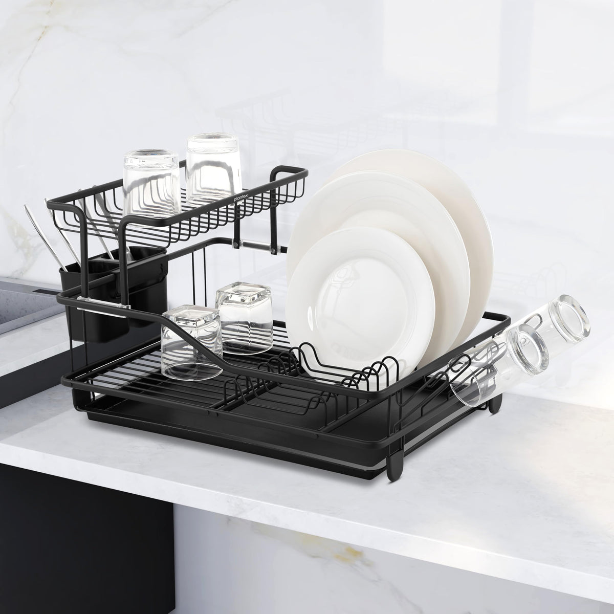 Plantex Utensils Drying Rack/2-Tier Dish Drainer with Tray/Vessel Drainer Basket for Kitchen/Dish Drying Rack/Bartan Basket (Black, 27 X 46 X 35 cm)