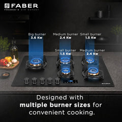 Faber 5 Burner 90Cm Hybrid HOB| Multiple Timer & Power Level Display |3.6Kw Brass Burner|Free Installation|2 Years Compr