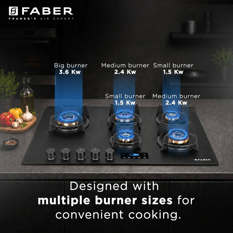 Faber 5 Burner 90Cm Hybrid HOB| Multiple Timer & Power Level Display |3.6Kw Brass Burner|Free Installation|2 Years Compr