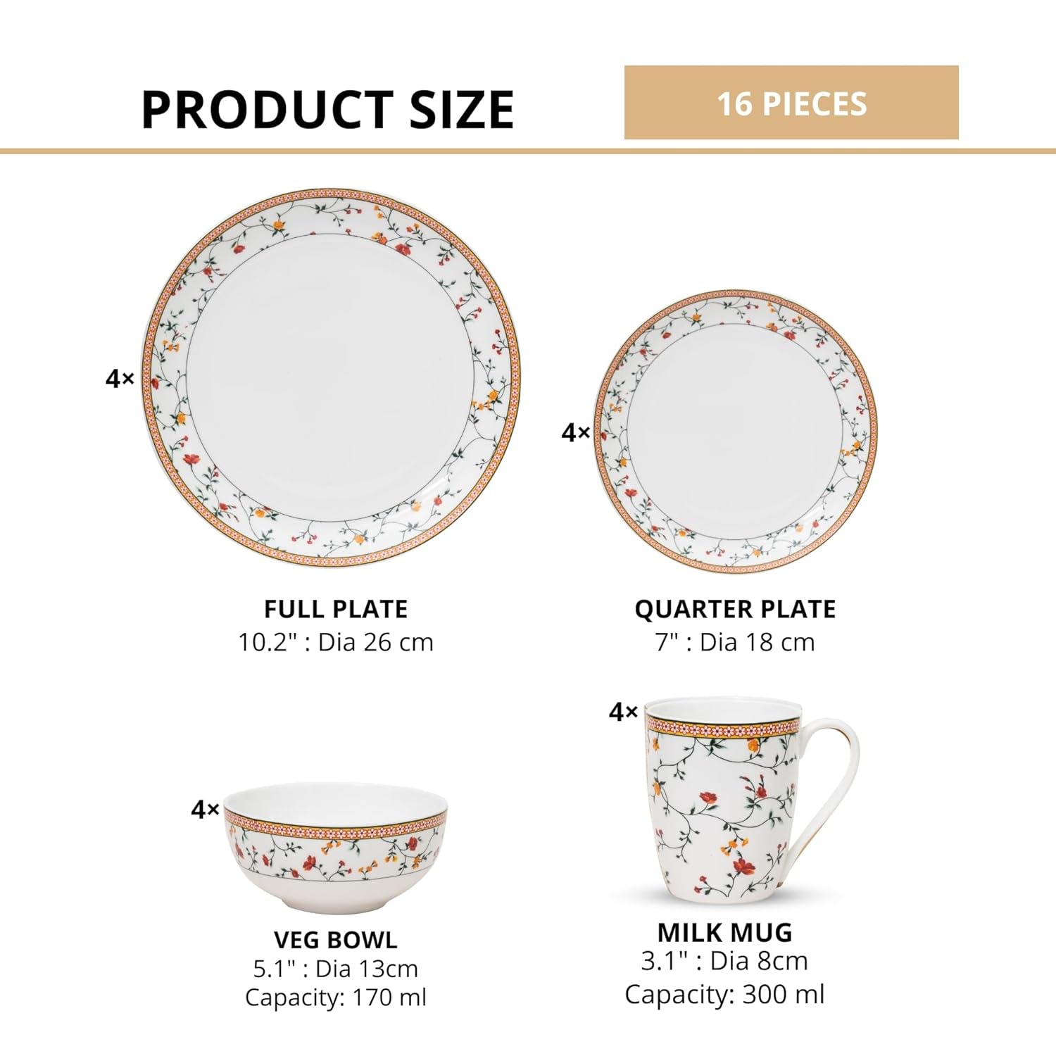 Clay Craft Fine Ceramic Eco Dinner Set, Enchanting Gold, for Family of 4, Dinner Set Ceramic, Crockery Set, Dining Set for Dinner, Crockery Set for Gift, Kitchen Set (ECO1, 16 Pieces)