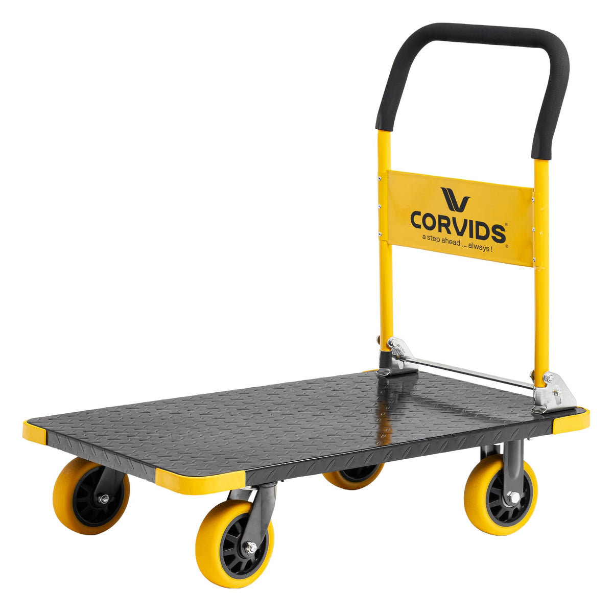 Corvids 200 Kg Heavy-Duty Folding Metal Hand Platform Trolley/Truck | 2-Year Warranty | Portable & Compact Industrial Dolly Cart with 360 Rotating Wheels for Home, Office & Warehouse Use