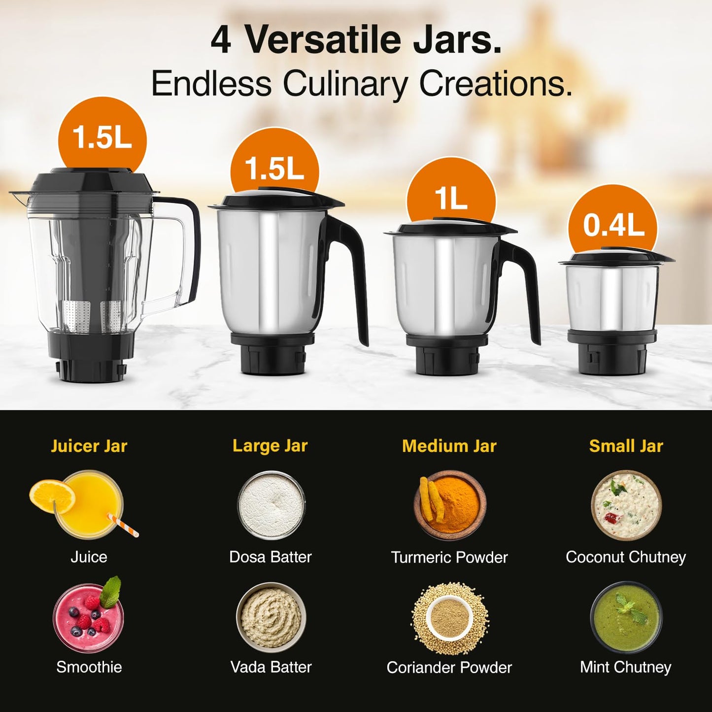 V-Guard Precia NX Juicer Mixer Grinder 750 W (New Launch) | 3-Year Motor Coverage | 4 Versatile Jars | Juicer, Large, Medium & Small | Compact ABS Body | SS Rust-Resistant Blades