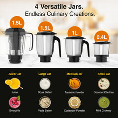 V-Guard Precia NX Juicer Mixer Grinder 750 W (New Launch) | 3-Year Motor Coverage | 4 Versatile Jars | Juicer, Large, Medium & Small | Compact ABS Body | SS Rust-Resistant Blades