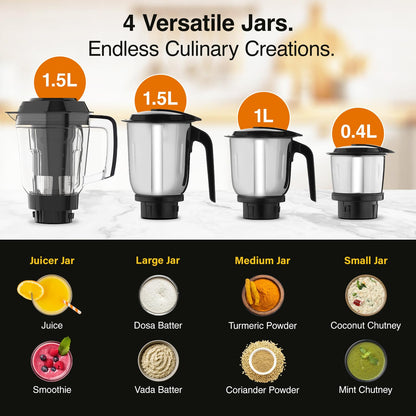V-Guard Precia NX Juicer Mixer Grinder 750 W (New Launch) | 3-Year Motor Coverage | 4 Versatile Jars | Juicer, Large, Medium & Small | Compact ABS Body | SS Rust-Resistant Blades