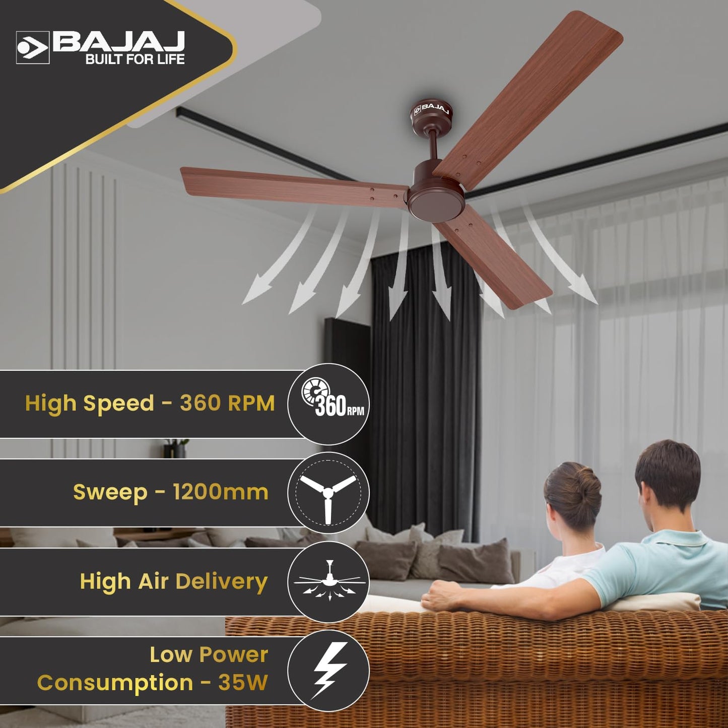 Bajaj Classico Sleek Wood 1200MM (48") BLDC Ceiling Fans For Home | BEE 5 Star Rated Energy Efficient Ceiling Fan | Sleek Compact Design | Wooden Finish | RF Remote | 2-Yr Warranty 【Walnut Wood】
