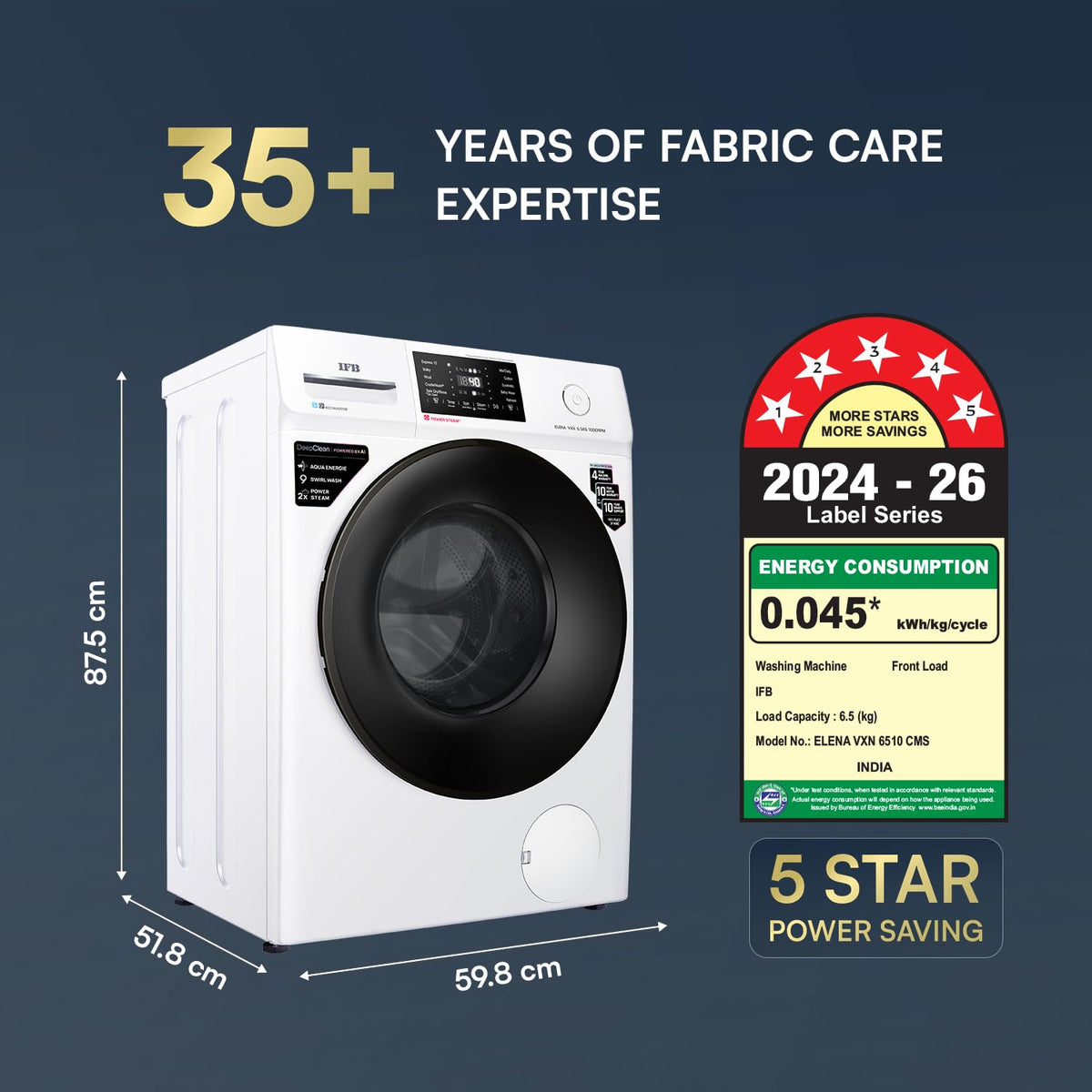 IFB 6.5 Kg 5 Star with 9 Swirl Wash, Steam Refresh, Eco Inverter Motor, DeepClean® Ai Powered Fully Automatic Front Load