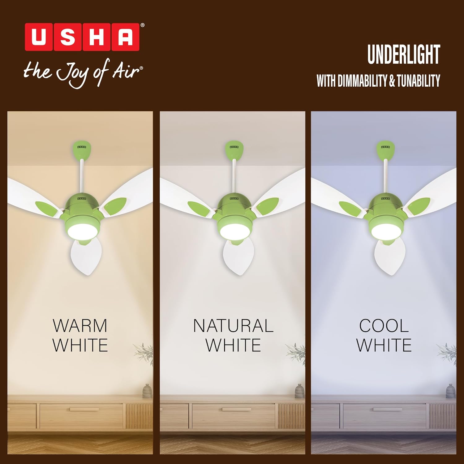 USHA New Bloom Series Sunspire Glow (Inspired by Sunflower) BLDC Ceiling Fan with Underlight with 3 Modes | RF Remote | Whisper-Quiet | Dust-Resistant (White & Light Green)