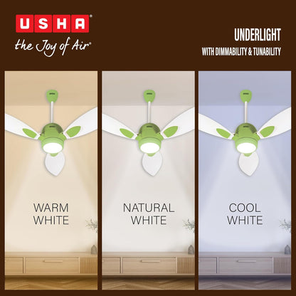 USHA New Bloom Series Sunspire Glow (Inspired by Sunflower) BLDC Ceiling Fan with Underlight with 3 Modes | RF Remote | Whisper-Quiet | Dust-Resistant (White & Light Green)