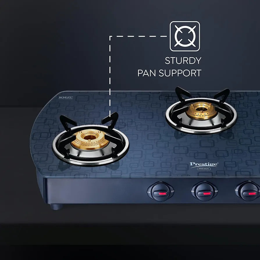 Prestige Premia Schott Glass-Top GTS 03L   3 Brass Burner Gas Stove | Black | Ergonomic Knob | SABAF Gas Valves | Individual Pan Support | Tri-Pin Burners