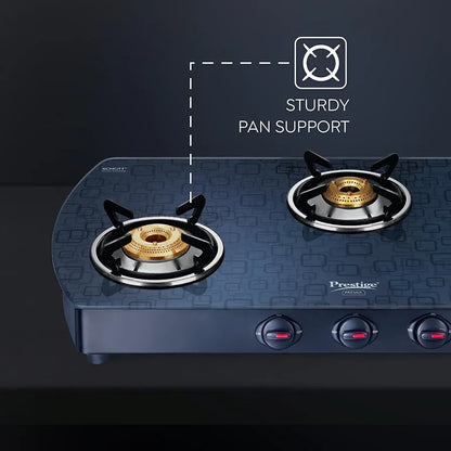 Prestige Premia Schott Glass-Top GTS 03L   3 Brass Burner Gas Stove | Black | Ergonomic Knob | SABAF Gas Valves | Individual Pan Support | Tri-Pin Burners