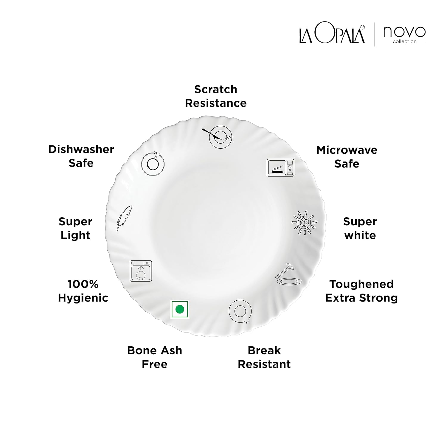 La Opala Novo Collection Opal Glass Crockery | for Family of 6 | Dinner Set 35 pcs Aqua Spray | Plates & Bowls for Dining | Microwave Safe | 100% Vegetarian | Extra Strong | Light & White