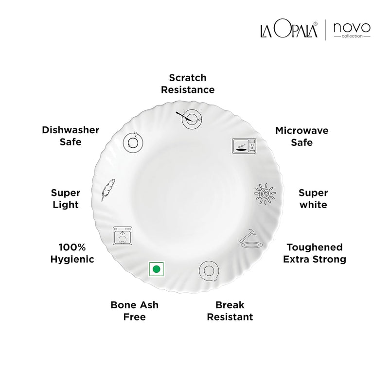 La Opala Novo Collection Opal Glass Crockery | for Family of 6 | Dinner Set 35 pcs Aqua Spray | Plates & Bowls for Dining | Microwave Safe | 100% Vegetarian | Extra Strong | Light & White