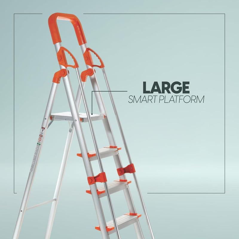 PROHOME Aluminium Ladder for Home 5 Steps Foldable with Railing & Anti-Skid Wide Steps | 5 Step Ladder for Home Use, Kitchen & Household | 250 Kg Capacity Folding Ladder | 5 Year Warranty (Orange)