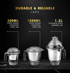 Sujata MG02 Mixer Grinder|1000 Watts Double Ball Bearing Motor|24000 RPM|Non-Stop 90 Mins Running|3 Food Grade Steel Jars including 1500ml Multipurpose, 1000ml Grinder, 500ml Chutney Jar|Red & Black