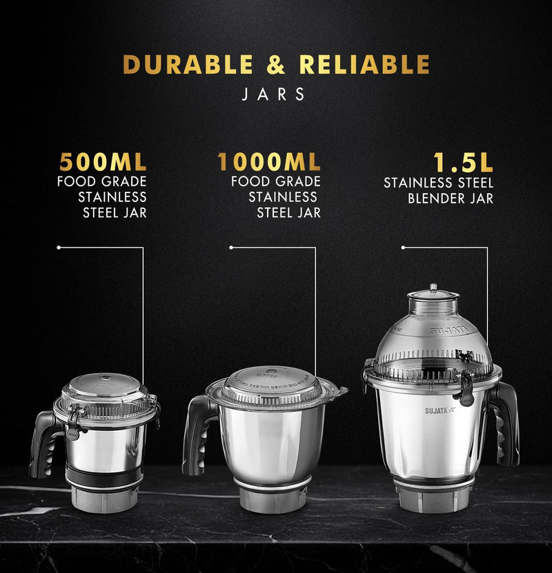 Sujata MG02 Mixer Grinder|1000 Watts Double Ball Bearing Motor|24000 RPM|Non-Stop 90 Mins Running|3 Food Grade Steel Jars including 1500ml Multipurpose, 1000ml Grinder, 500ml Chutney Jar|Red & Black