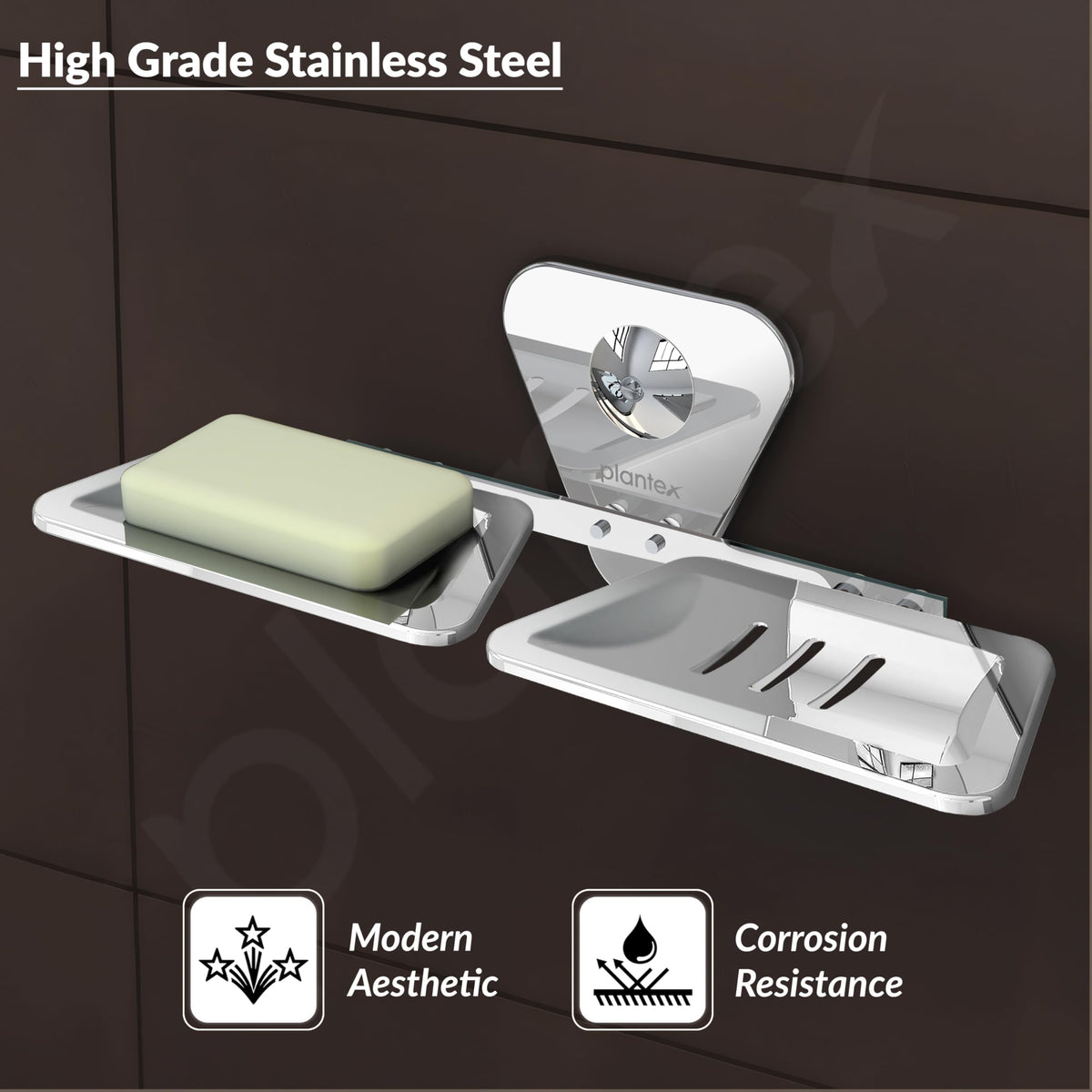Plantex Stainless Steel Chrome Finish Double Soap Dish Stand/Wall Mounted Soap Holder - Bathroom Accessories-3
