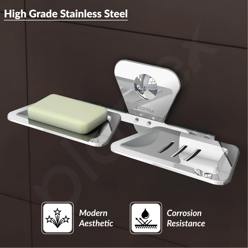 Plantex Stainless Steel Chrome Finish Double Soap Dish Stand/Wall Mounted Soap Holder - Bathroom Accessories-3