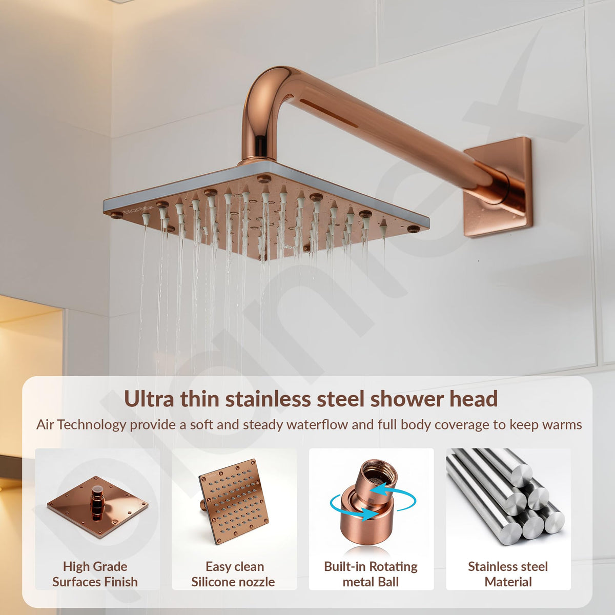 Plantex Stainless Steel Overhead Shower 6 x 6 inch with Water-Saving Technology/High pressure Rain Shower Head without Arm/Bathroom Shower -(Sandwich-PVD Rose Gold)